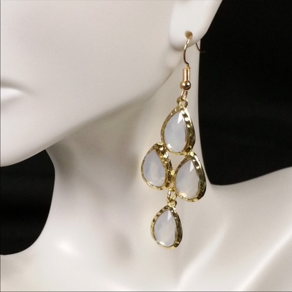 Gold Tone Iridescent Teardrop Chandelier Earrings - Picture 4 of 4